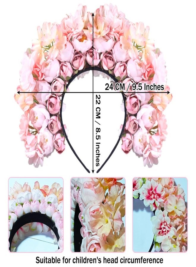 OULIGET Handmade Wreath Hairband,Flower Crown Hairband Double Sided Floral for Day of The Dead Cosplay Party Festivals (Pale pink, Small head circumference) - Image 5